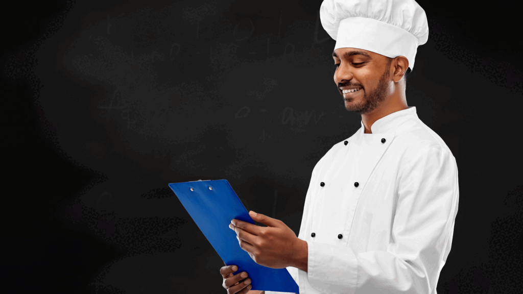 CDC Chef standing reading menu.