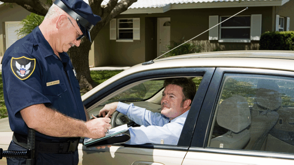 Policeman Giving accident Ticket To A Car Driver.
