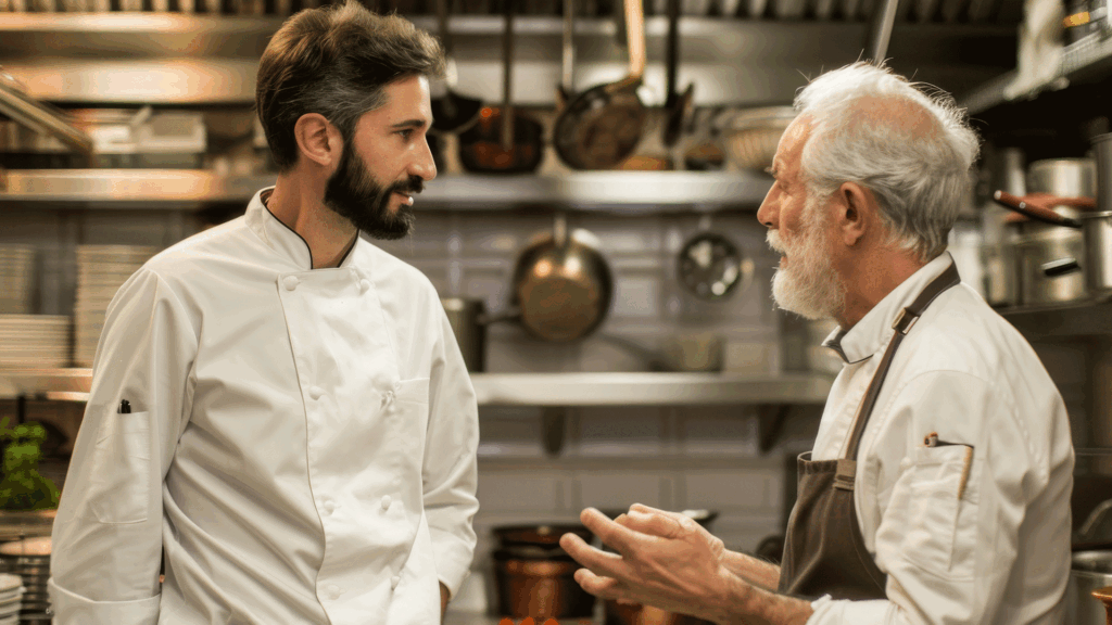 Cdc chef talking with sous chef.