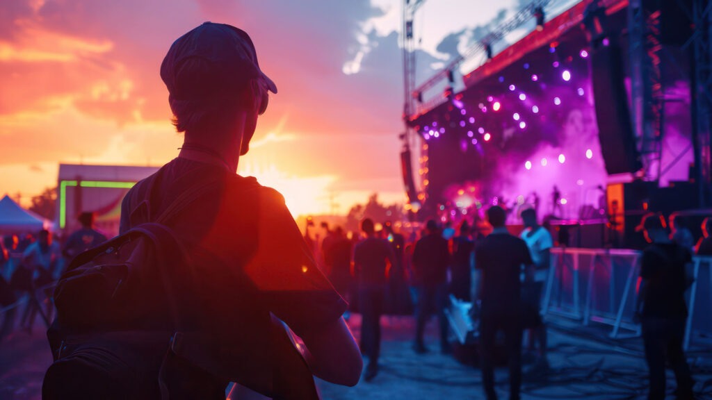 Man Standing Outside Of Entrance Of concert Wearing Bag.