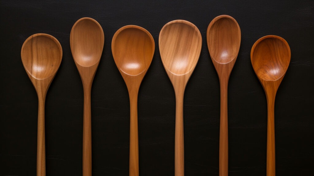 set of wooden spoons with black background.